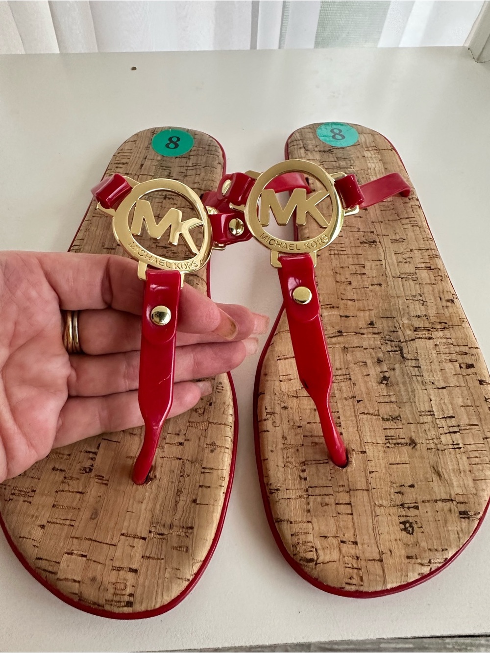 Michael Kors Red Patent Thong Sandals with Gold MK Medallions